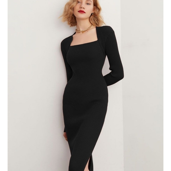 Square Neck Long Sleeve Ribbed Knit Side Slit Midi Dress - Picture 3 of 13